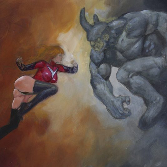 Ms Marvel vs Rhino mark beachum supergurlz.net sexy original art fighting superheroes painting thong muscles