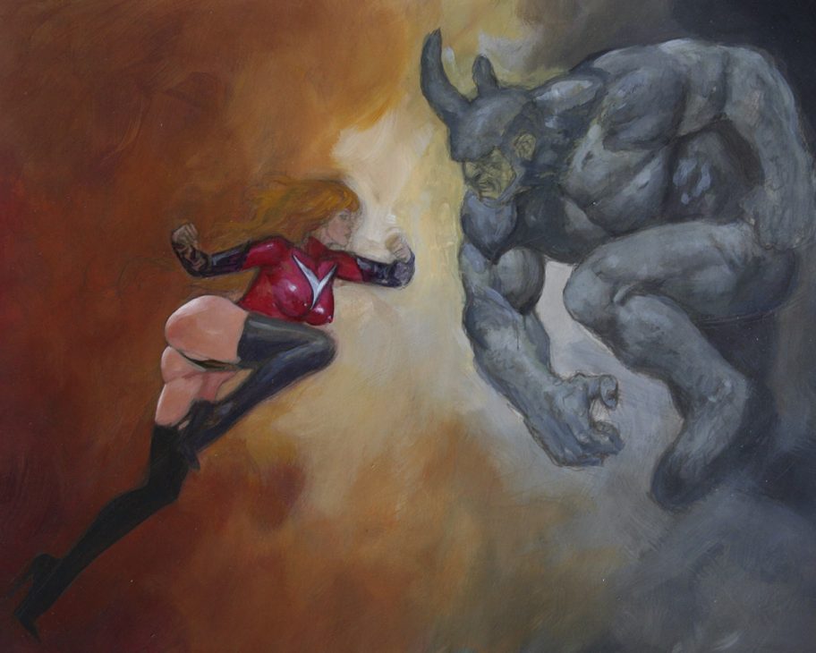Ms Marvel vs Rhino mark beachum supergurlz.net sexy original art fighting superheroes painting thong muscles
