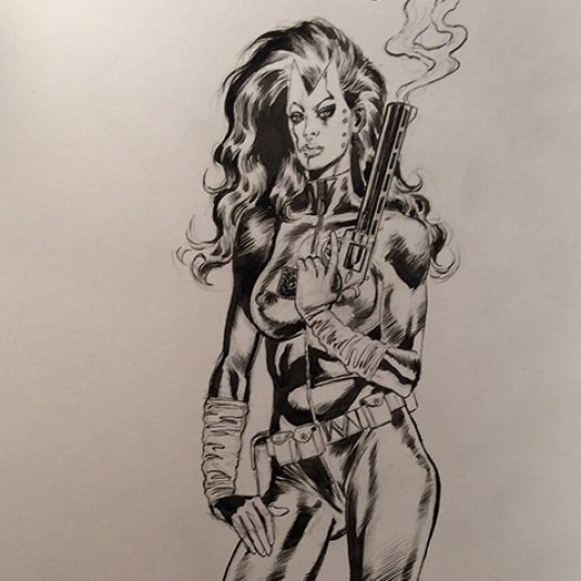 Madame Masque ink recreation of the famous image from Official Handbook of the Marvel Universe by Mark Beachum