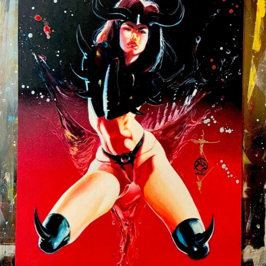Painting of horned demonic woman on red background
