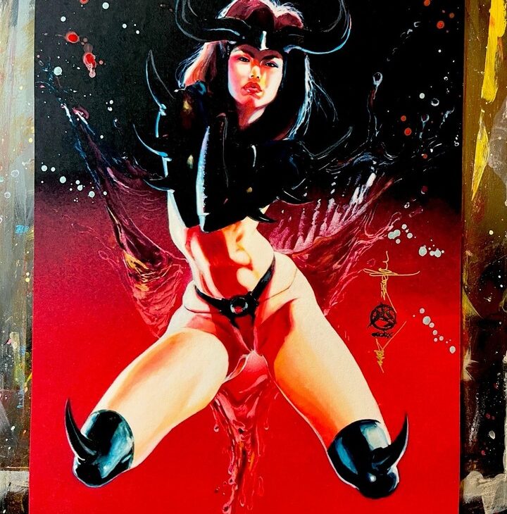 Painting of horned demonic woman on red background